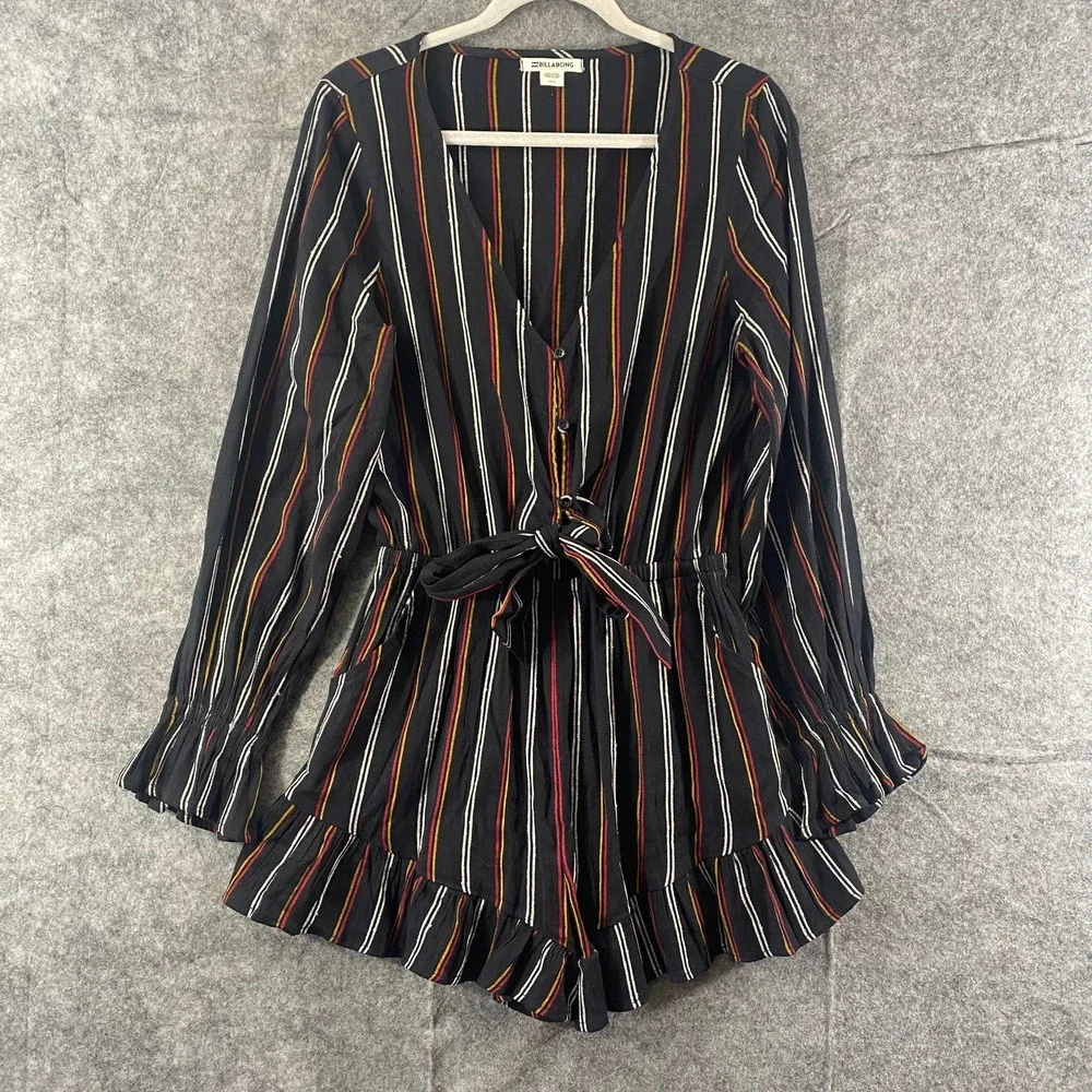 Billabong Romper Large Black Striped Play All Day V-Neck Long Sleeve - Picture 2 of 15